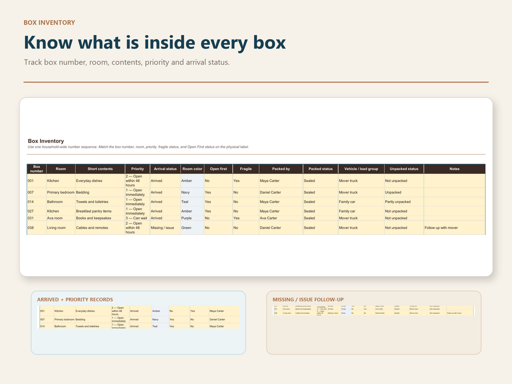 Box inventory worksheet preview with fictional sample data