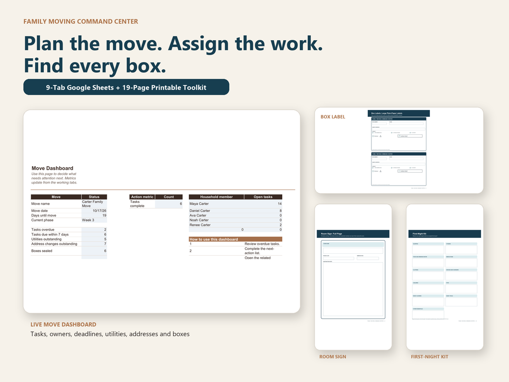 Family Moving Command Center: 9-tab Google Sheets planner and 19-page printable toolkit