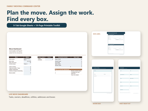 Family Moving Command Center: 9-tab Google Sheets planner and 19-page printable toolkit
